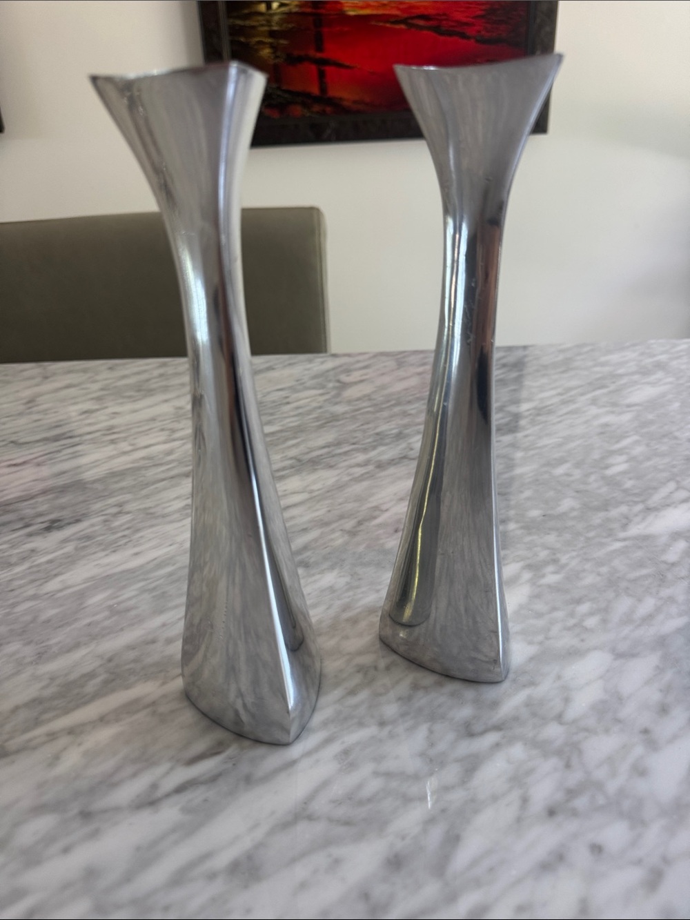 Set of 2 Vintage Nambe Heavy Cast Silver Aluminum Candlestick Holder 595 - MCM